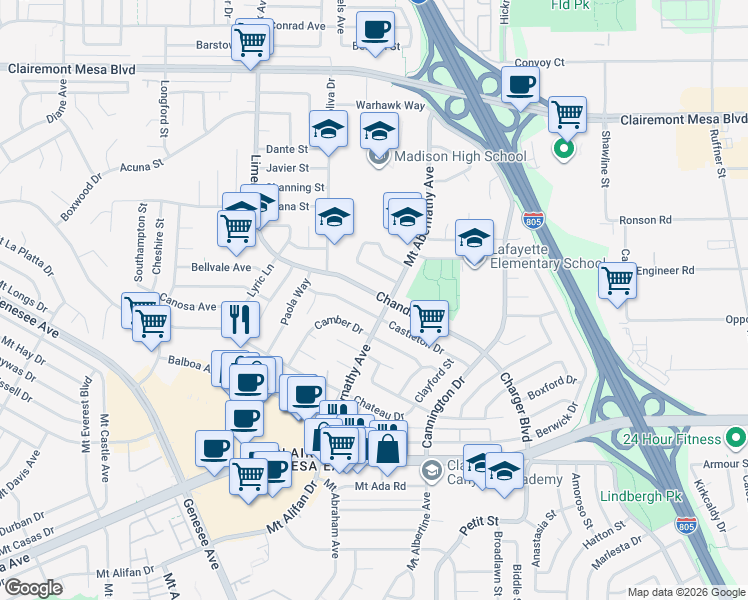 map of restaurants, bars, coffee shops, grocery stores, and more near in San Diego