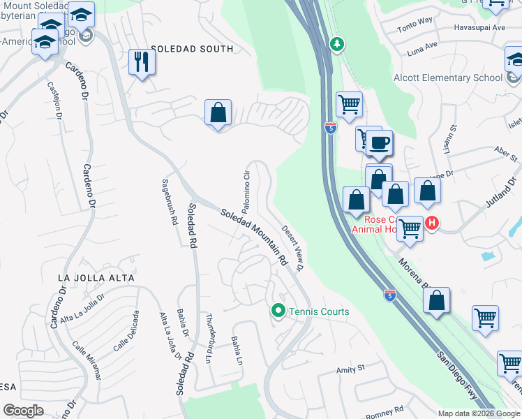 map of restaurants, bars, coffee shops, grocery stores, and more near 5812 Desert View Drive in San Diego