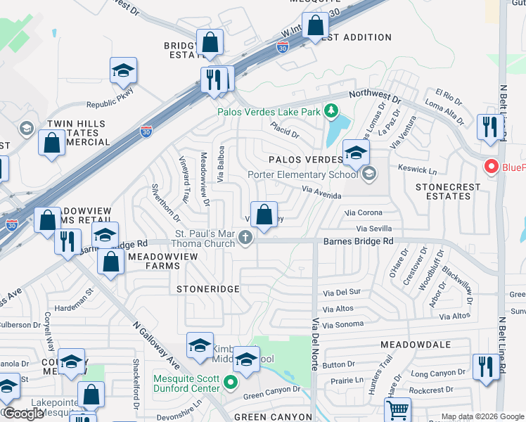 map of restaurants, bars, coffee shops, grocery stores, and more near 4504 Palos Verdes Drive in Mesquite