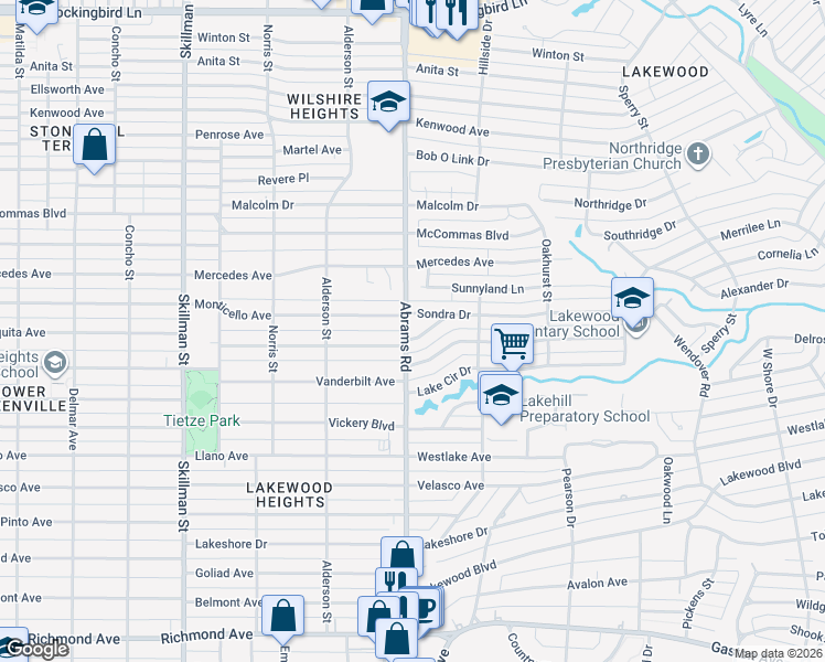 map of restaurants, bars, coffee shops, grocery stores, and more near 6369 Marquita Avenue in Dallas