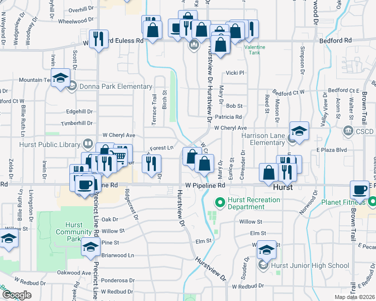 map of restaurants, bars, coffee shops, grocery stores, and more near 904 Hurstview Drive in Hurst