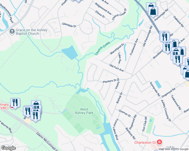 map of restaurants, bars, coffee shops, grocery stores, and more near 2112 Military Way in Charleston
