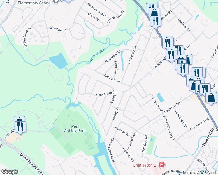 map of restaurants, bars, coffee shops, grocery stores, and more near 2004 Vestry Drive in Charleston