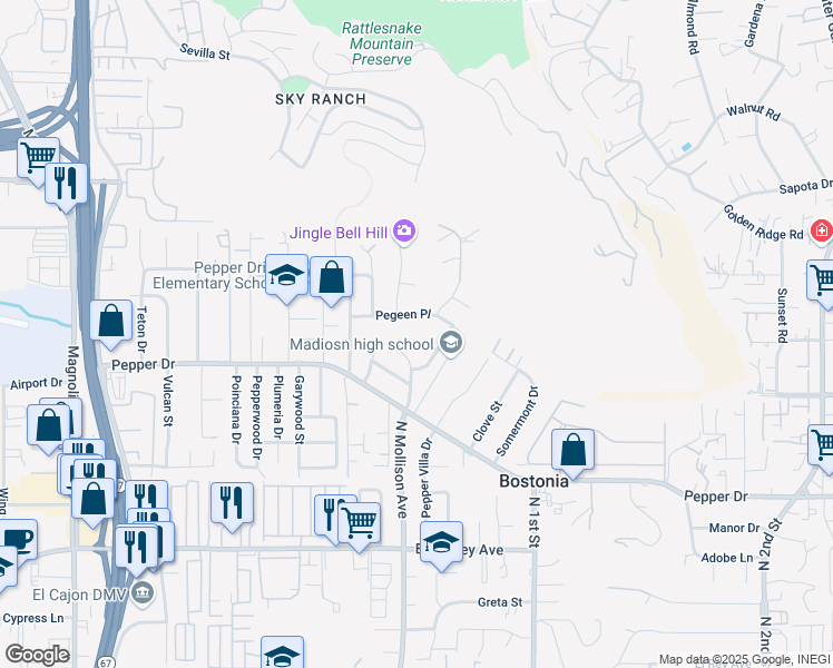 map of restaurants, bars, coffee shops, grocery stores, and more near 11402 Cacho Court in El Cajon