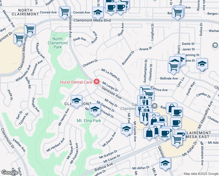 map of restaurants, bars, coffee shops, grocery stores, and more near 4817 Mount Longs Drive in San Diego