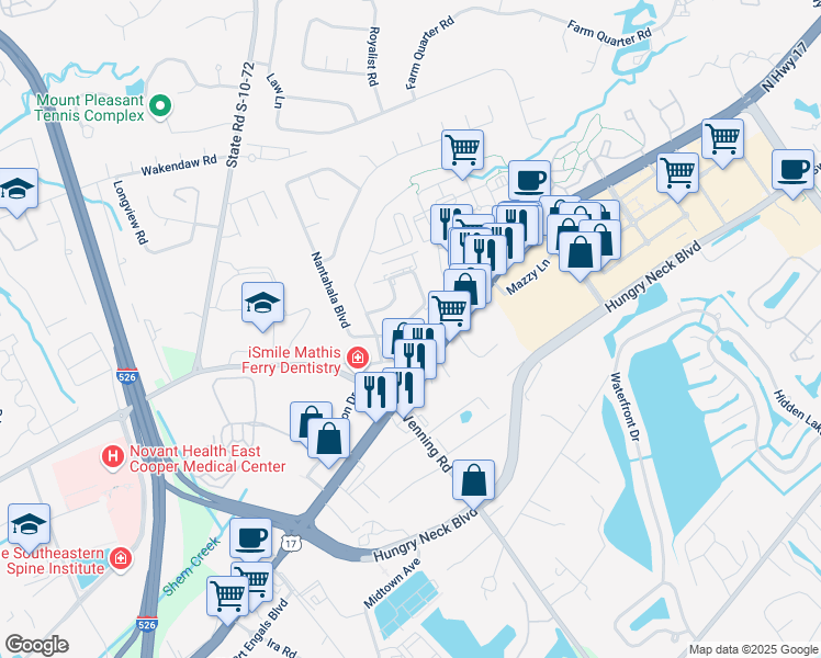 map of restaurants, bars, coffee shops, grocery stores, and more near 1583 Nantahala Boulevard in Mount Pleasant