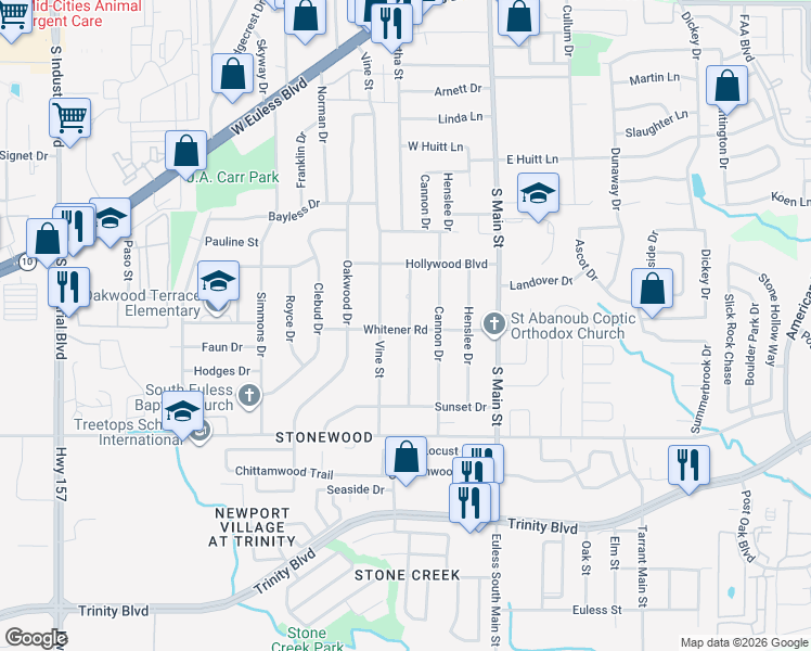 map of restaurants, bars, coffee shops, grocery stores, and more near 216 Whitener Road in Euless