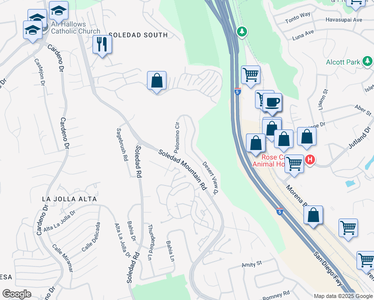 map of restaurants, bars, coffee shops, grocery stores, and more near 5812 Desert View Drive in San Diego