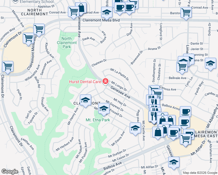 map of restaurants, bars, coffee shops, grocery stores, and more near 4714 Mount Harris Drive in San Diego