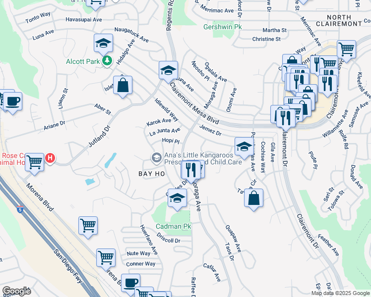 map of restaurants, bars, coffee shops, grocery stores, and more near 4517 Moraga Avenue in San Diego