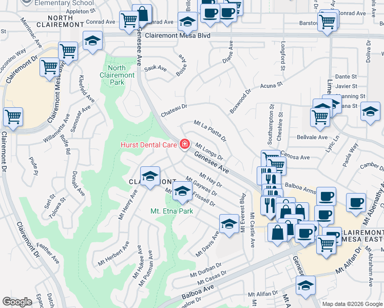 map of restaurants, bars, coffee shops, grocery stores, and more near 4714 Mount Harris Drive in San Diego