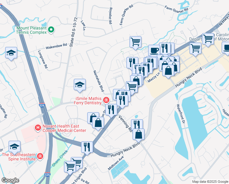map of restaurants, bars, coffee shops, grocery stores, and more near 1613 Lauda Drive in Mount Pleasant