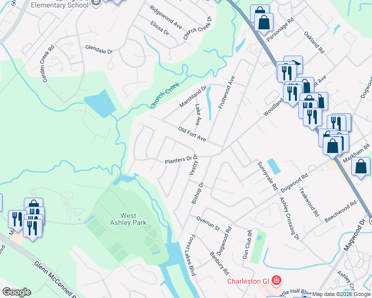map of restaurants, bars, coffee shops, grocery stores, and more near 2004 Vestry Drive in Charleston