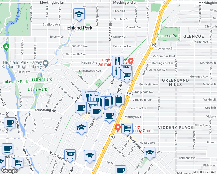 map of restaurants, bars, coffee shops, grocery stores, and more near 4719 Cole Avenue in Dallas
