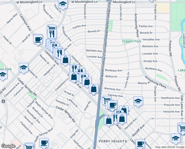 map of restaurants, bars, coffee shops, grocery stores, and more near 5020 Holland Avenue in Dallas