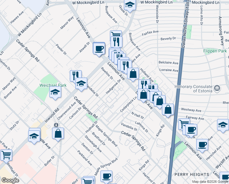 map of restaurants, bars, coffee shops, grocery stores, and more near 3327 Hudnall Street in Dallas