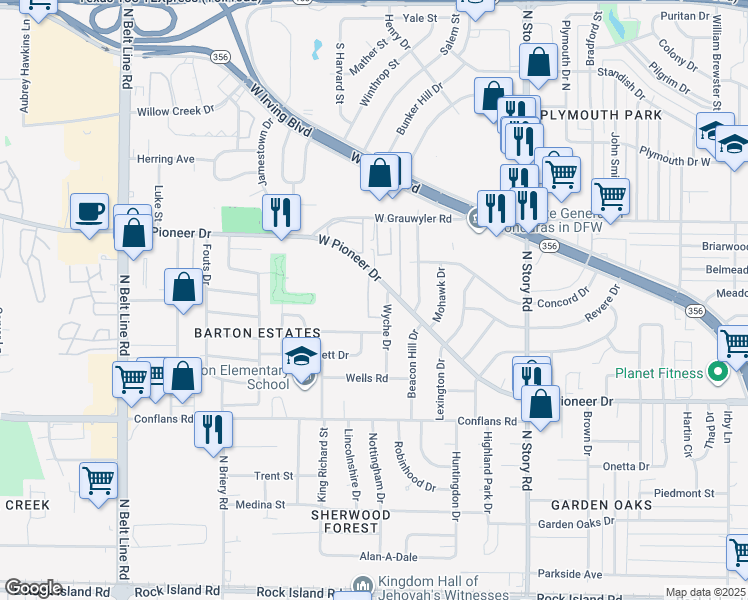 map of restaurants, bars, coffee shops, grocery stores, and more near 2800 Wyche Drive in Irving