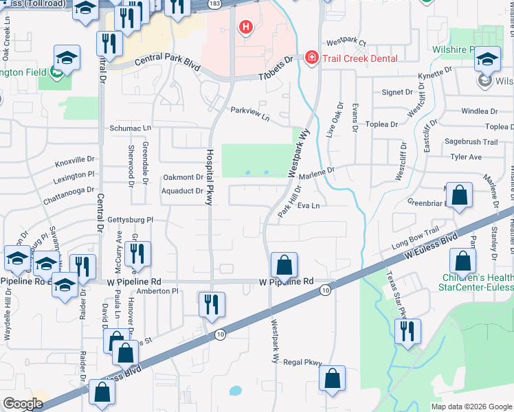 map of restaurants, bars, coffee shops, grocery stores, and more near 2503 Westpark Way Circle in Euless