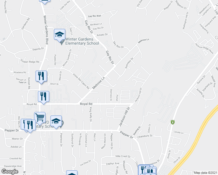 map of restaurants, bars, coffee shops, grocery stores, and more near 8249 Melrose Lane in El Cajon