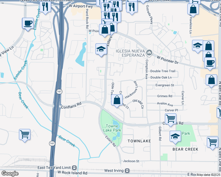 map of restaurants, bars, coffee shops, grocery stores, and more near 1203 Olde Towne Drive in Irving