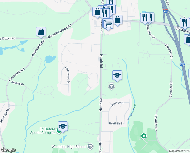 map of restaurants, bars, coffee shops, grocery stores, and more near 2465 Heath Road in Macon