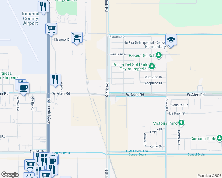 map of restaurants, bars, coffee shops, grocery stores, and more near 2406 Clark Road in Imperial