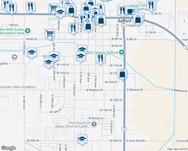 map of restaurants, bars, coffee shops, grocery stores, and more near 1204 South 5th Avenue in Safford