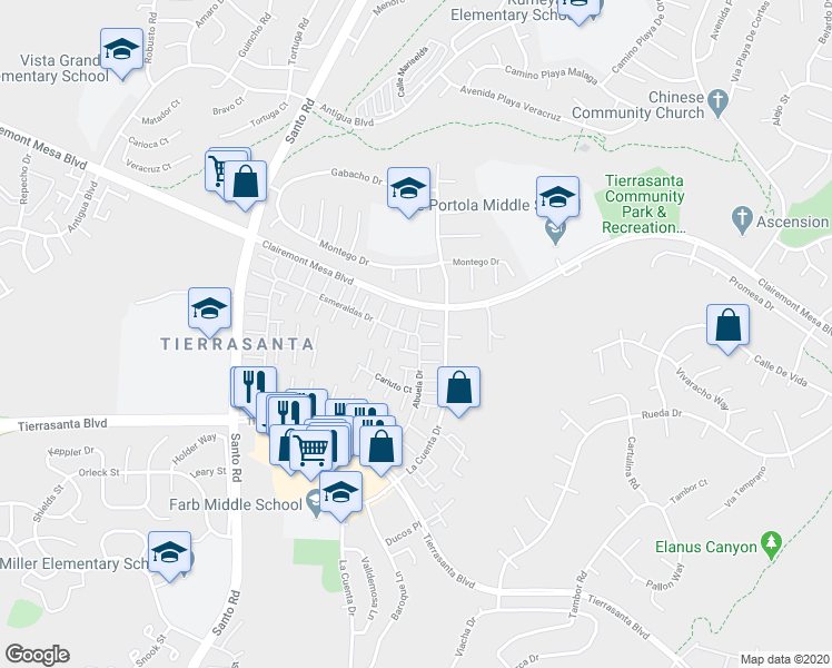 map of restaurants, bars, coffee shops, grocery stores, and more near Esmeraldas Dr & Abuela Dr in San Diego