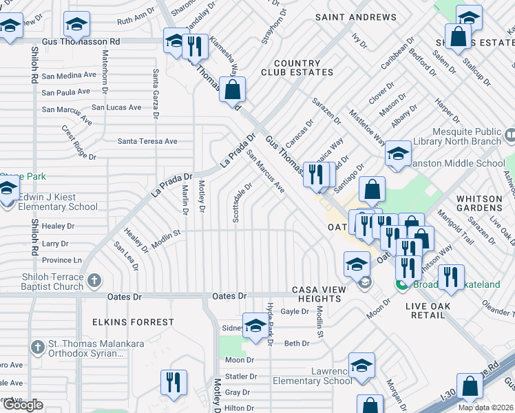 map of restaurants, bars, coffee shops, grocery stores, and more near 4506 Sherwood Dr in Mesquite