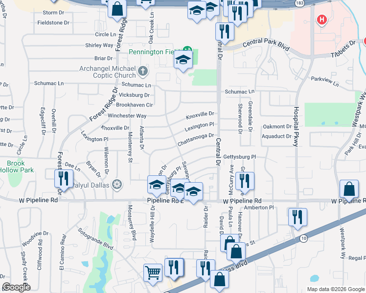 map of restaurants, bars, coffee shops, grocery stores, and more near 1900 Chattanooga Drive in Bedford