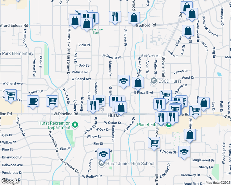 map of restaurants, bars, coffee shops, grocery stores, and more near 1021 Harrison Lane in Hurst