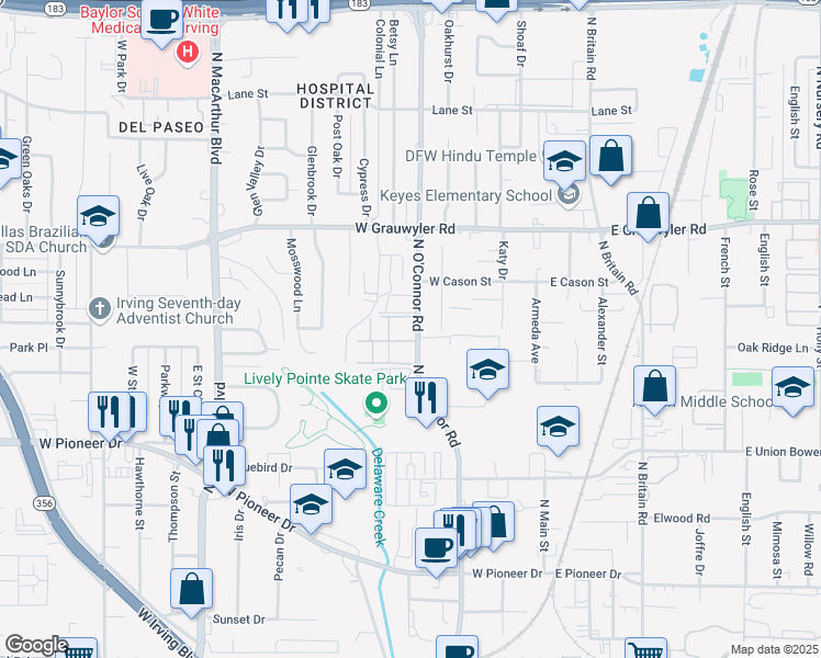map of restaurants, bars, coffee shops, grocery stores, and more near 1111 North O'Connor Road in Irving