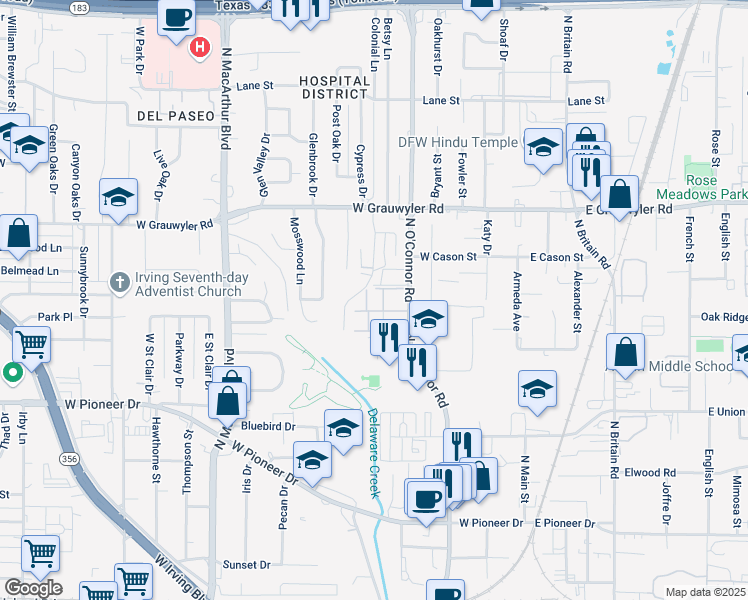 map of restaurants, bars, coffee shops, grocery stores, and more near 1109 North O'Connor Road in Irving