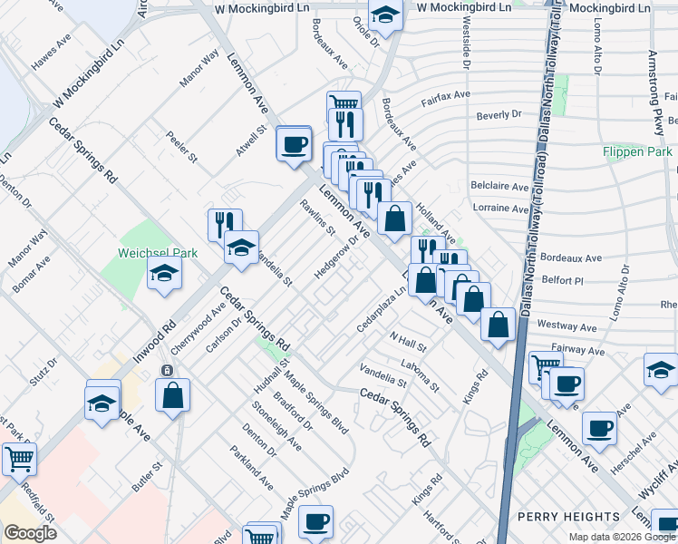 map of restaurants, bars, coffee shops, grocery stores, and more near 3327 Hudnall Street in Dallas
