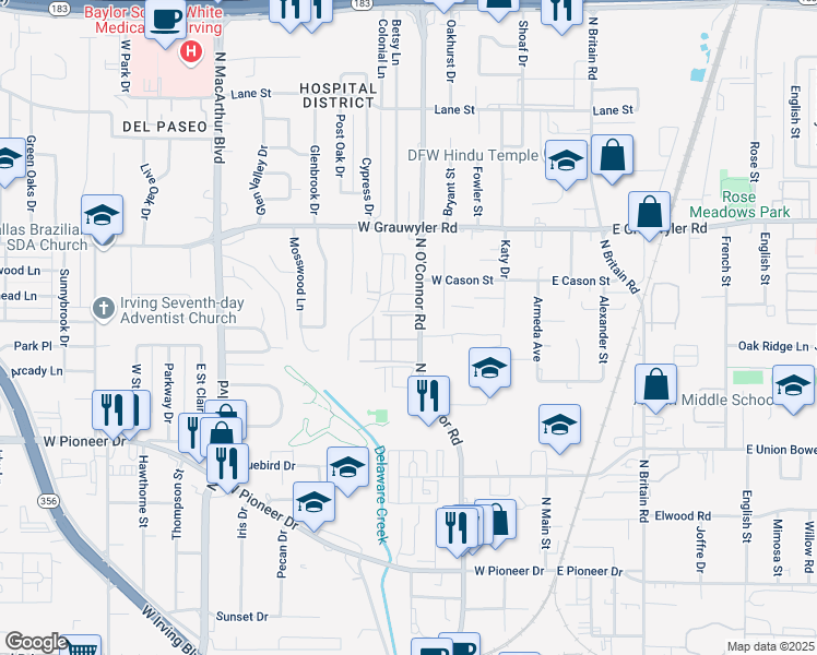 map of restaurants, bars, coffee shops, grocery stores, and more near 1111 North O'Connor Road in Irving