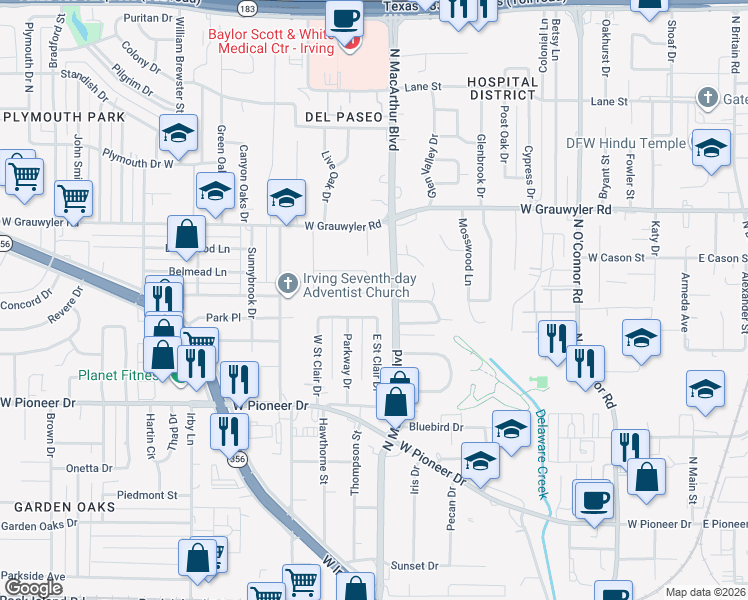 map of restaurants, bars, coffee shops, grocery stores, and more near 1116 Wentwood Drive in Irving