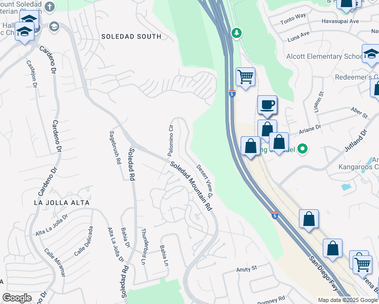 map of restaurants, bars, coffee shops, grocery stores, and more near 5777 Desert View Drive in San Diego
