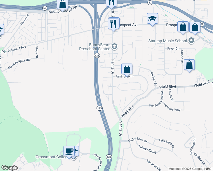 map of restaurants, bars, coffee shops, grocery stores, and more near 8930 Fletcher Valley Drive in Santee