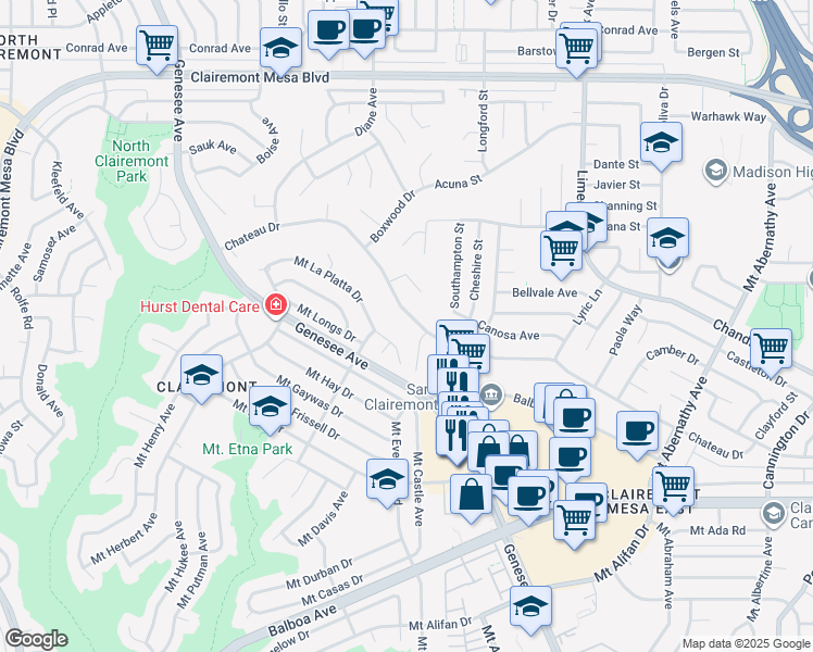map of restaurants, bars, coffee shops, grocery stores, and more near 5044 Mount La Platta Drive in San Diego