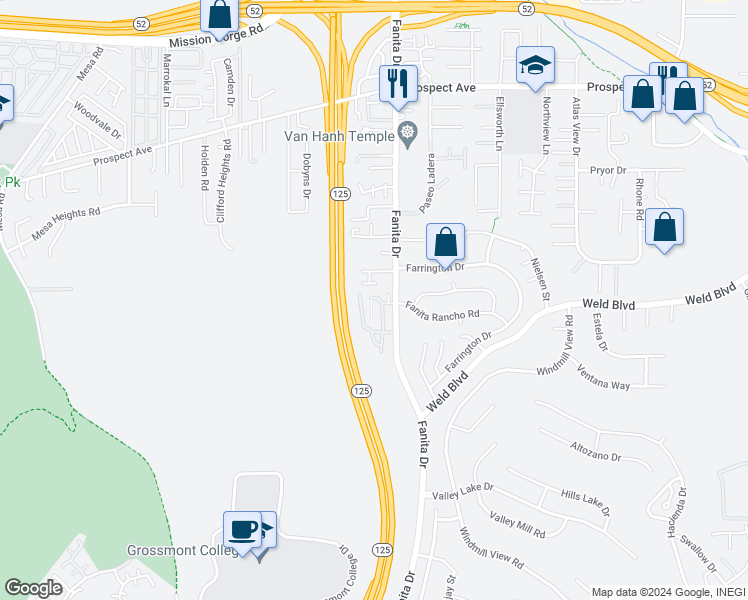 map of restaurants, bars, coffee shops, grocery stores, and more near 8930 Fletcher Valley Drive in Santee