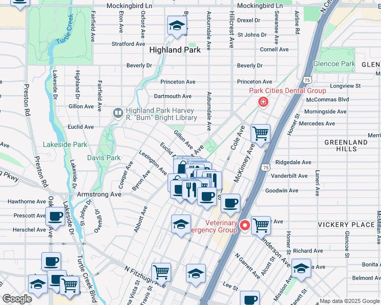 map of restaurants, bars, coffee shops, grocery stores, and more near 3501 Gillon Avenue in Dallas