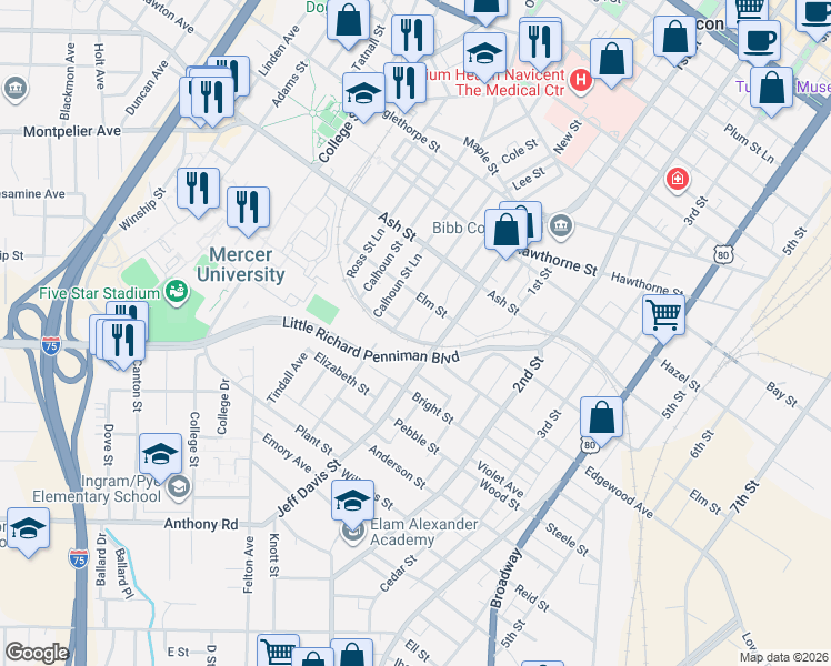 map of restaurants, bars, coffee shops, grocery stores, and more near 845 Edgewood Avenue in Macon