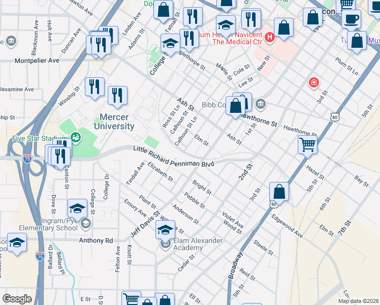 map of restaurants, bars, coffee shops, grocery stores, and more near 845 Edgewood Avenue in Macon