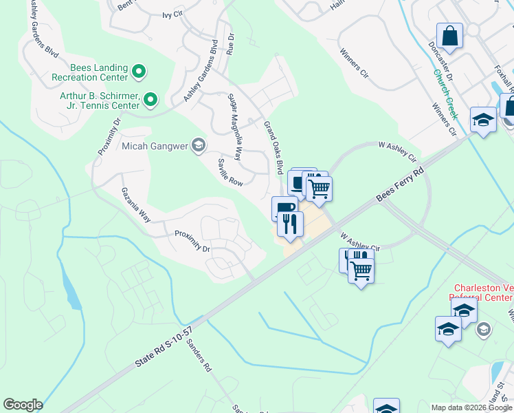 map of restaurants, bars, coffee shops, grocery stores, and more near 502 Carters Grove Road in Charleston