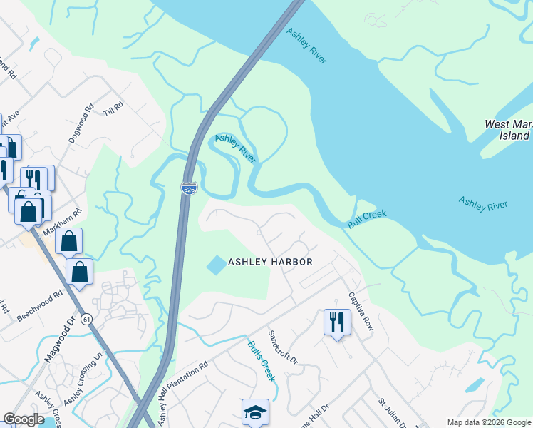 map of restaurants, bars, coffee shops, grocery stores, and more near 1588 Spinnaker Lane in Charleston