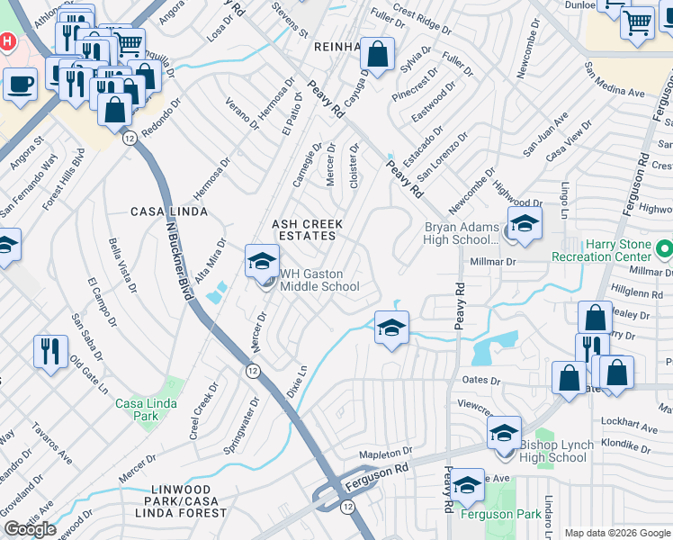map of restaurants, bars, coffee shops, grocery stores, and more near 9741 Ash Creek Drive in Dallas