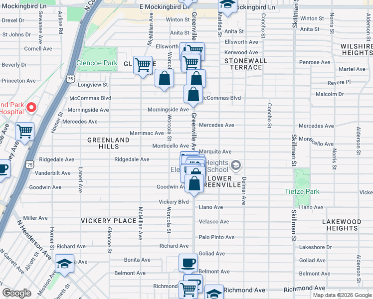 map of restaurants, bars, coffee shops, grocery stores, and more near 5630 Monticello Avenue in Dallas