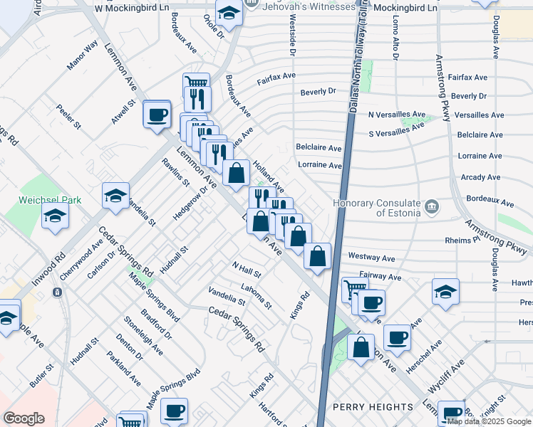 map of restaurants, bars, coffee shops, grocery stores, and more near 3537 Wheeler Street in Dallas