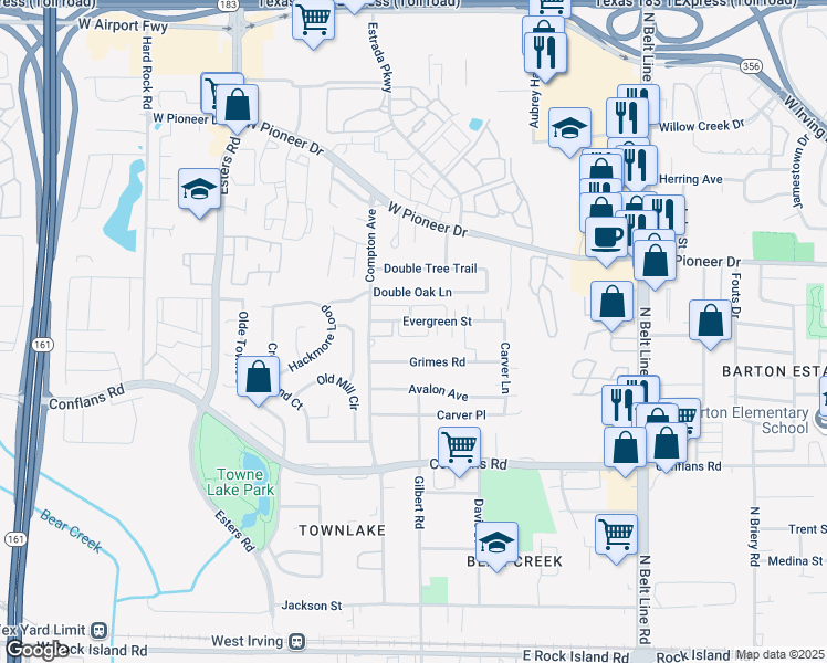 map of restaurants, bars, coffee shops, grocery stores, and more near 3908 Evergreen Street in Irving