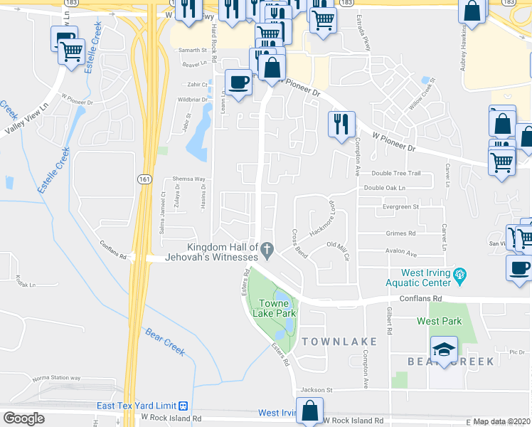 map of restaurants, bars, coffee shops, grocery stores, and more near 1203 Olde Towne Drive in Irving